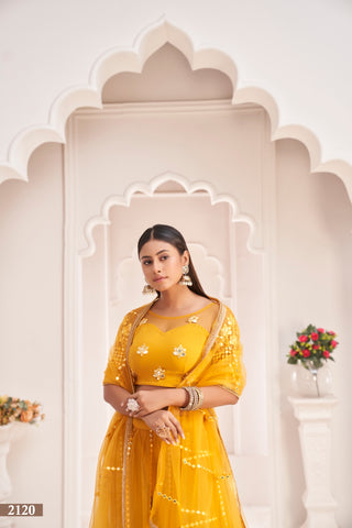 Mustard Yellow Butterfly Net Lehenga with Thread & Mirror Work Embroidery Clothsvilla
