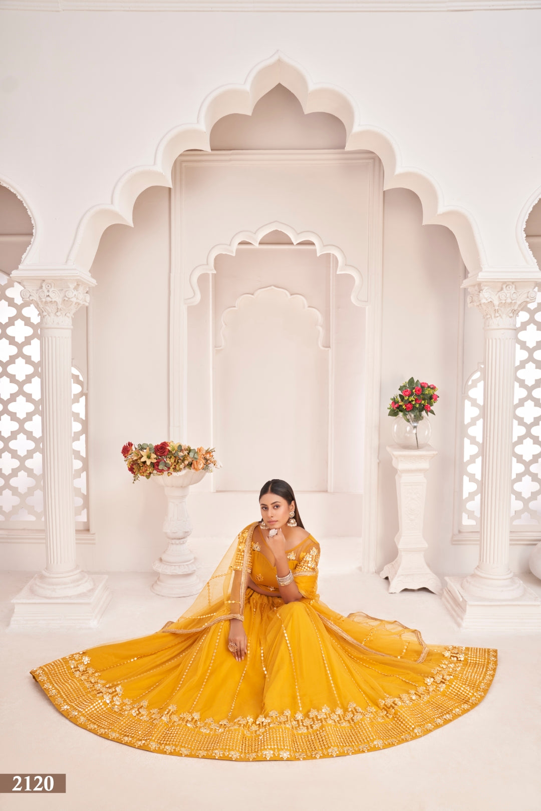 Mustard Yellow Butterfly Net Lehenga with Thread & Mirror Work Embroidery Secondary image