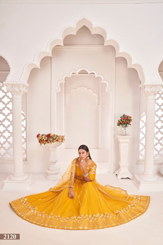 Mustard Yellow Butterfly Net Lehenga with Thread & Mirror Work Embroidery Clothsvilla