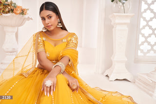Mustard Yellow Butterfly Net Lehenga with Thread & Mirror Work Embroidery Clothsvilla