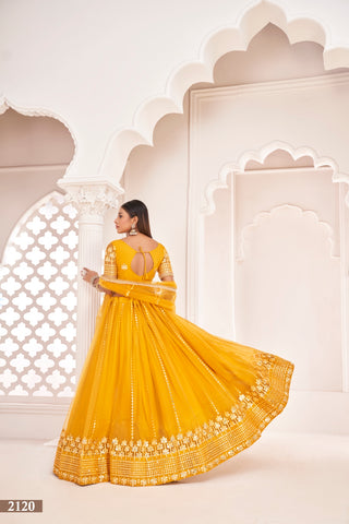 Mustard Yellow Butterfly Net Lehenga with Thread & Mirror Work Embroidery Clothsvilla