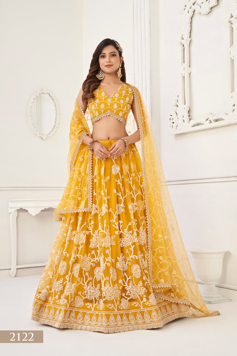 Mustard Yellow Butterfly Net Lehenga with White Cotton Thread Work and Sequence Embroidery Clothsvilla Main image