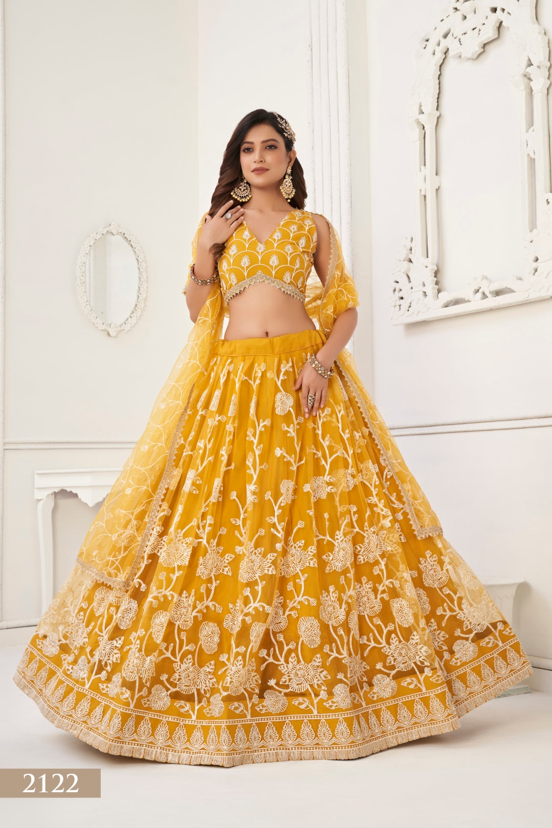 Mustard Yellow Butterfly Net Lehenga with White Cotton Thread Work and Sequence Embroidery Secondary image