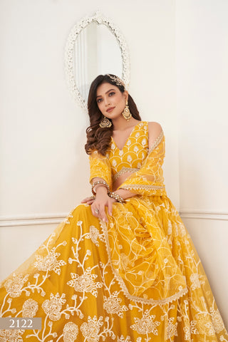 Mustard Yellow Butterfly Net Lehenga with White Cotton Thread Work and Sequence Embroidery Clothsvilla