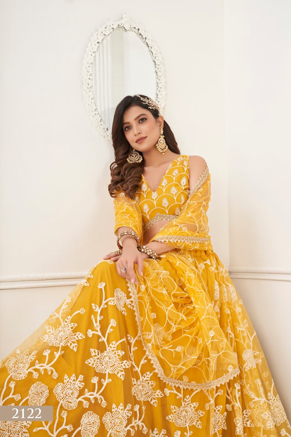Mustard Yellow Butterfly Net Lehenga with White Cotton Thread Work and Sequence Embroidery Clothsvilla