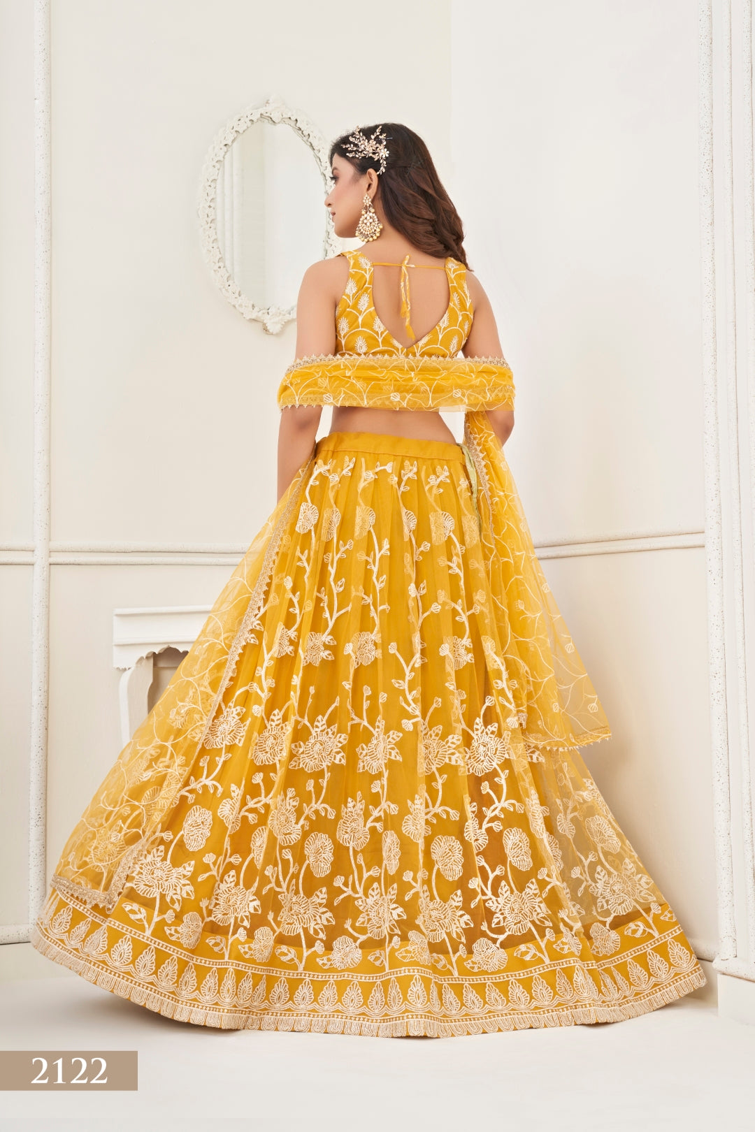Mustard Yellow Butterfly Net Lehenga with White Cotton Thread Work and Sequence Embroidery Clothsvilla