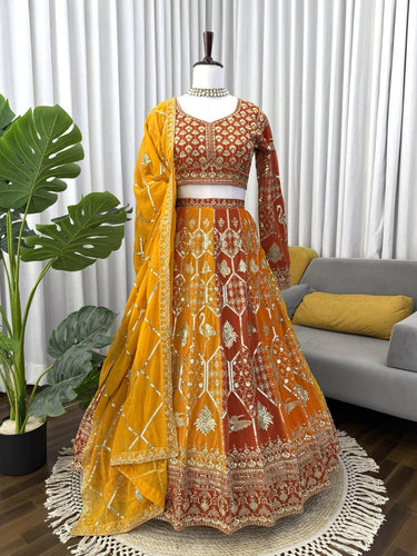 Mustard Yellow Designer Faux Georgette Lehenga Choli with Dupatta ClothsVilla
