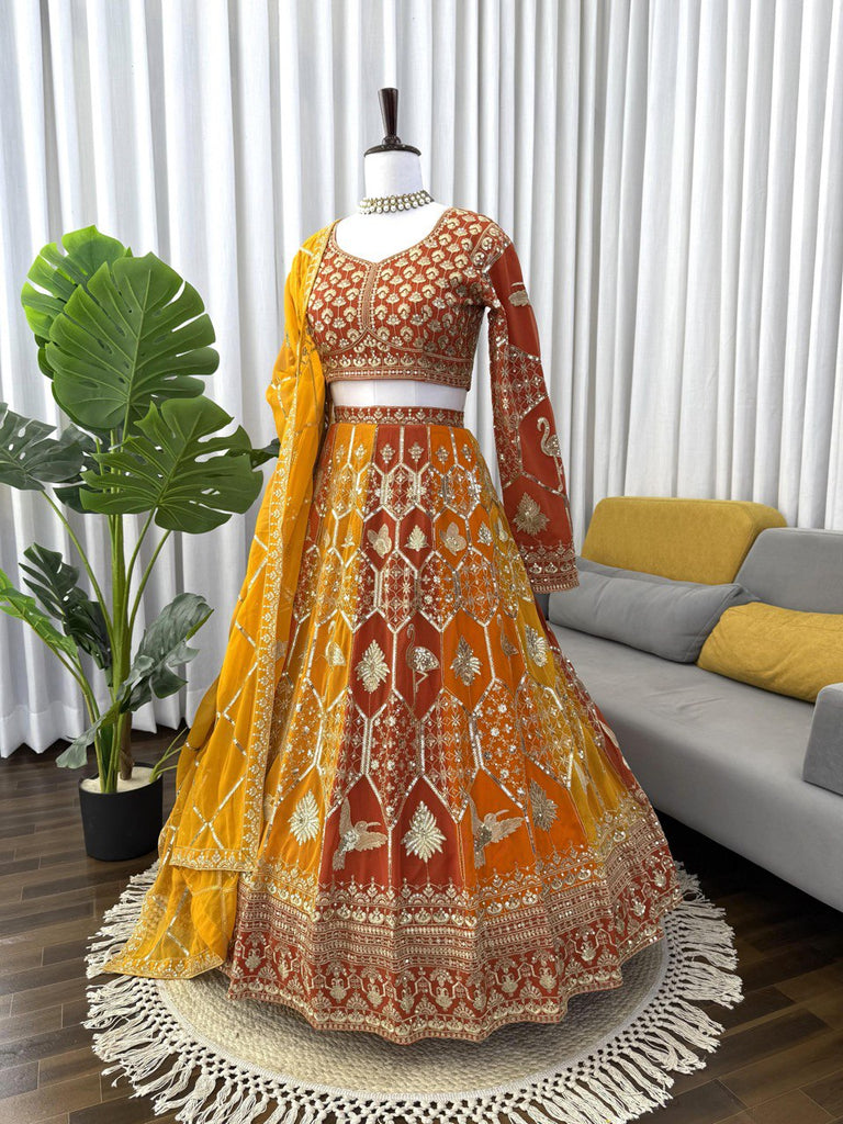 Mustard Yellow Designer Faux Georgette Lehenga Choli with Dupatta ClothsVilla