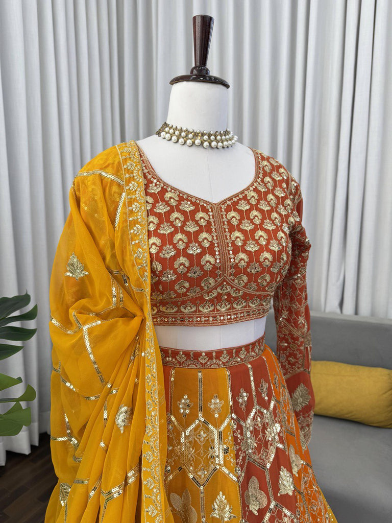 Mustard Yellow Designer Faux Georgette Lehenga Choli with Dupatta ClothsVilla