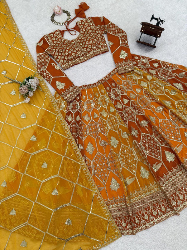 Mustard Yellow Designer Faux Georgette Lehenga Choli with Dupatta ClothsVilla
