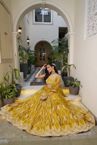 Mustard Yellow Elegant Butterfly Net Lehenga with Intricate Embroidery