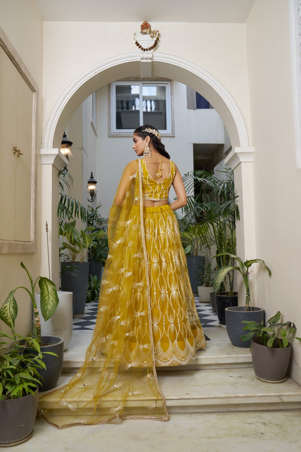 Mustard Yellow Elegant Butterfly Net Lehenga with Intricate Embroidery