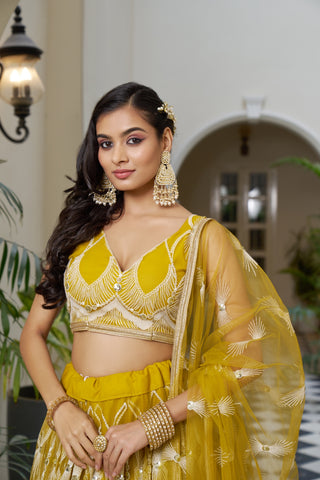 Mustard Yellow Elegant Butterfly Net Lehenga with Intricate Embroidery