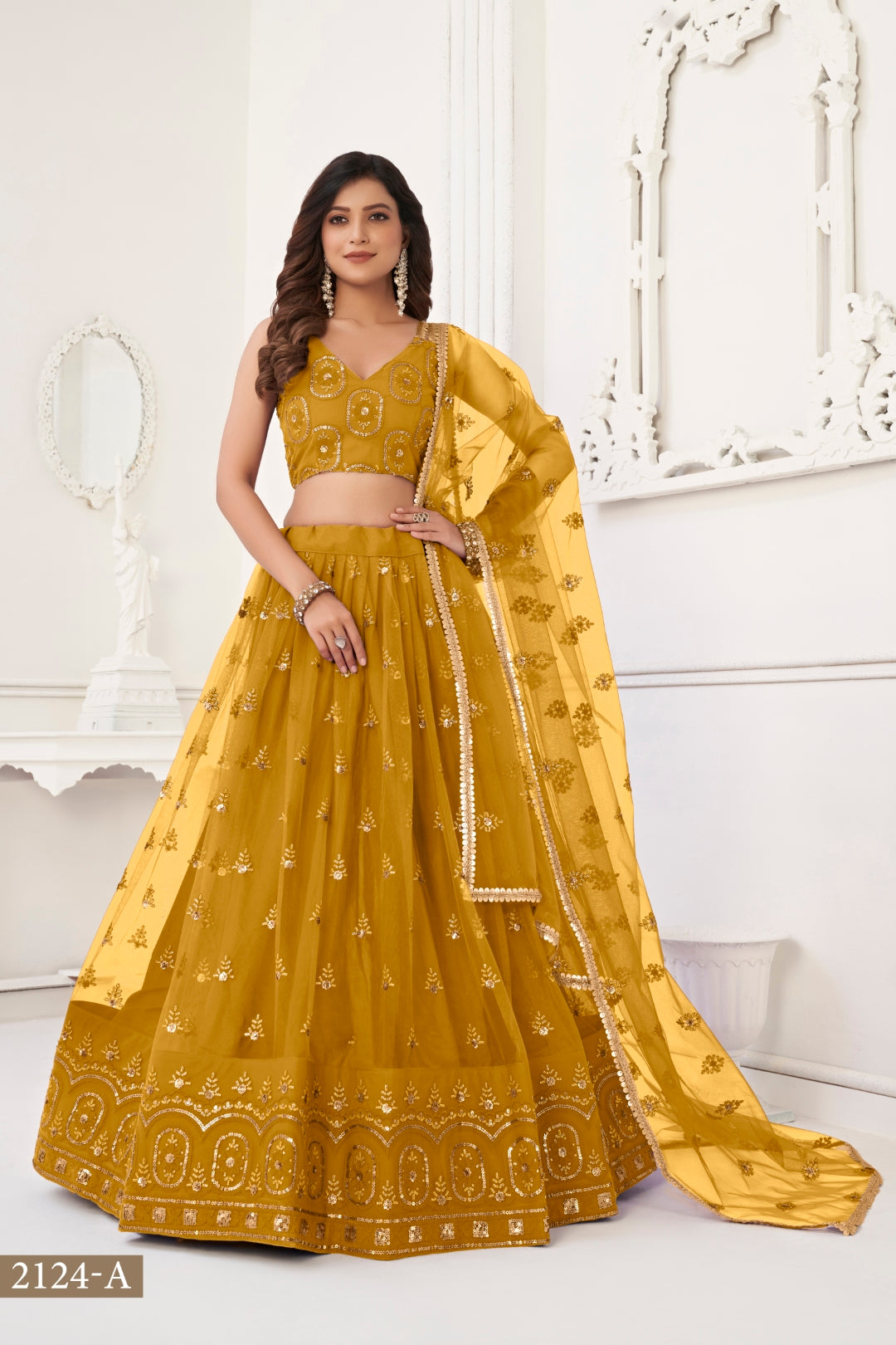 Mustard Yellow Elegant Butterfly Net Lehenga with Tone-to-Tone Embroidery Main image