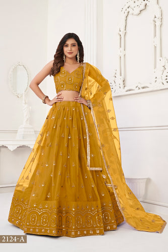 Mustard Yellow Elegant Butterfly Net Lehenga with Tone-to-Tone Embroidery