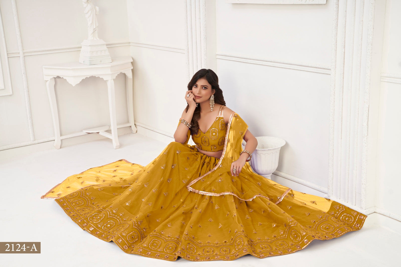 Mustard Yellow Elegant Butterfly Net Lehenga with Tone-to-Tone Embroidery
