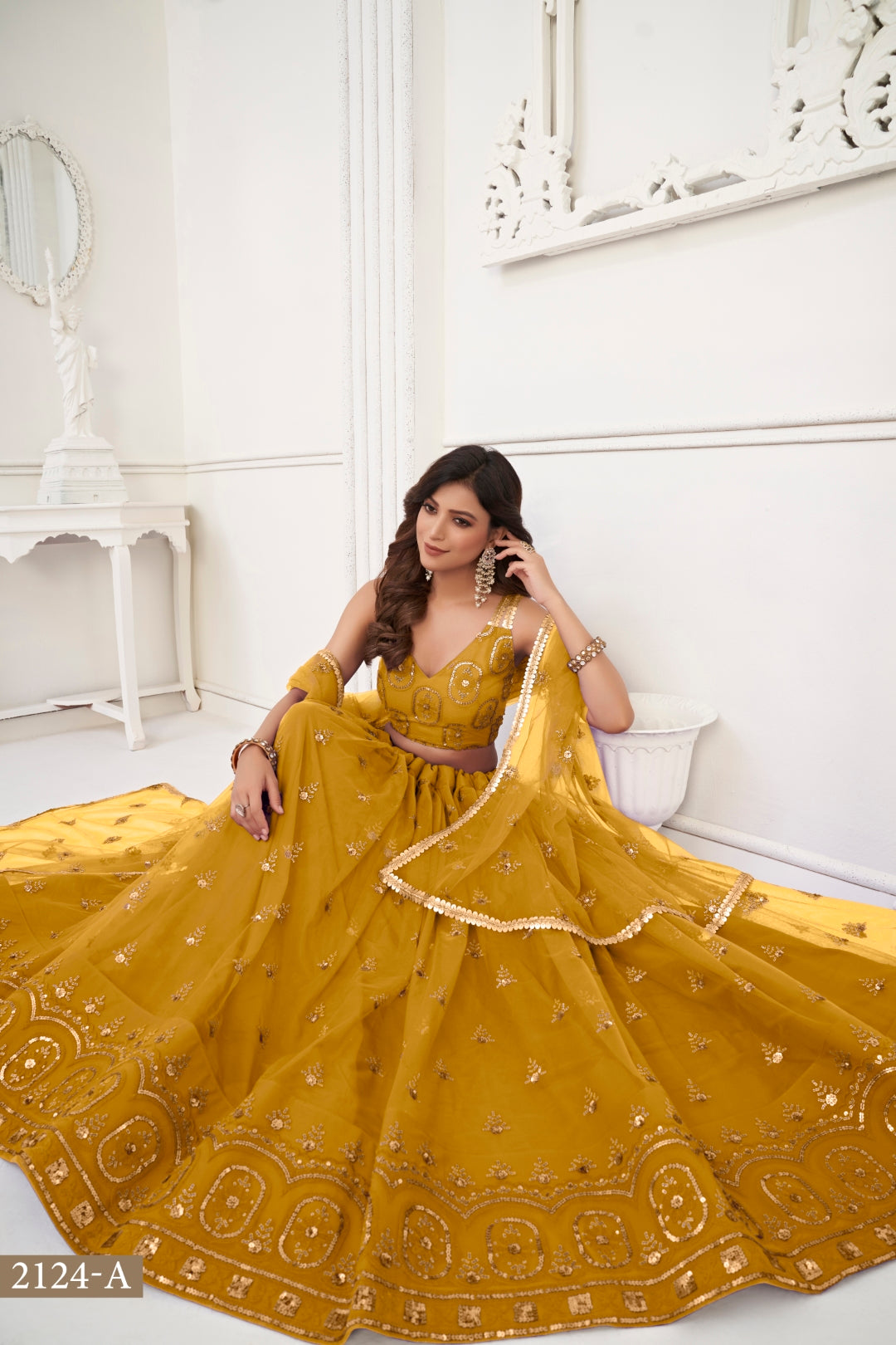 Mustard Yellow Elegant Butterfly Net Lehenga with Tone-to-Tone Embroidery