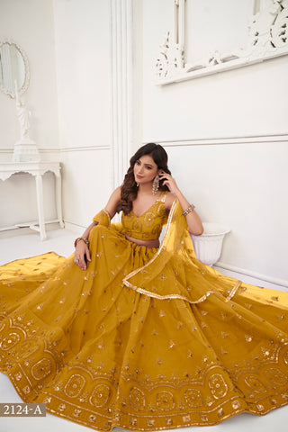Mustard Yellow Elegant Butterfly Net Lehenga with Tone-to-Tone Embroidery