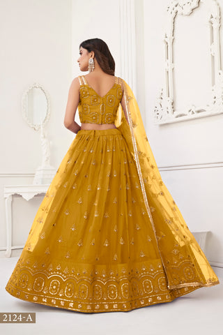 Mustard Yellow Elegant Butterfly Net Lehenga with Tone-to-Tone Embroidery