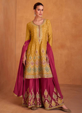 Mustard Yellow Elegant Embroidered Chinon Suit Set with Dupatta ClothsVilla