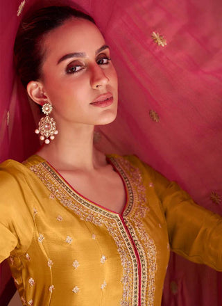 Mustard Yellow Elegant Embroidered Chinon Suit Set with Dupatta ClothsVilla
