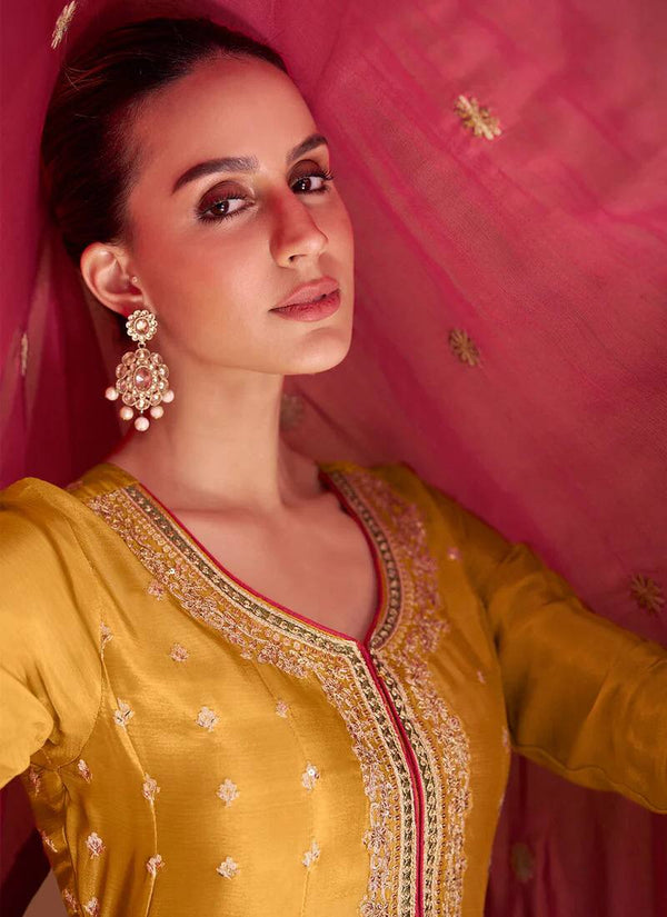 Mustard Yellow Elegant Embroidered Chinon Suit Set with Dupatta ClothsVilla