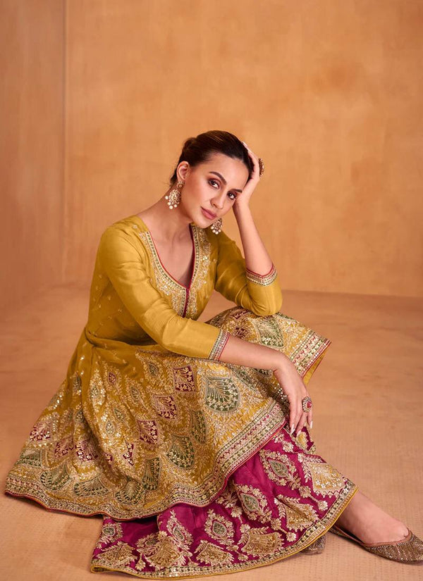 Mustard Yellow Elegant Embroidered Chinon Suit Set with Dupatta ClothsVilla