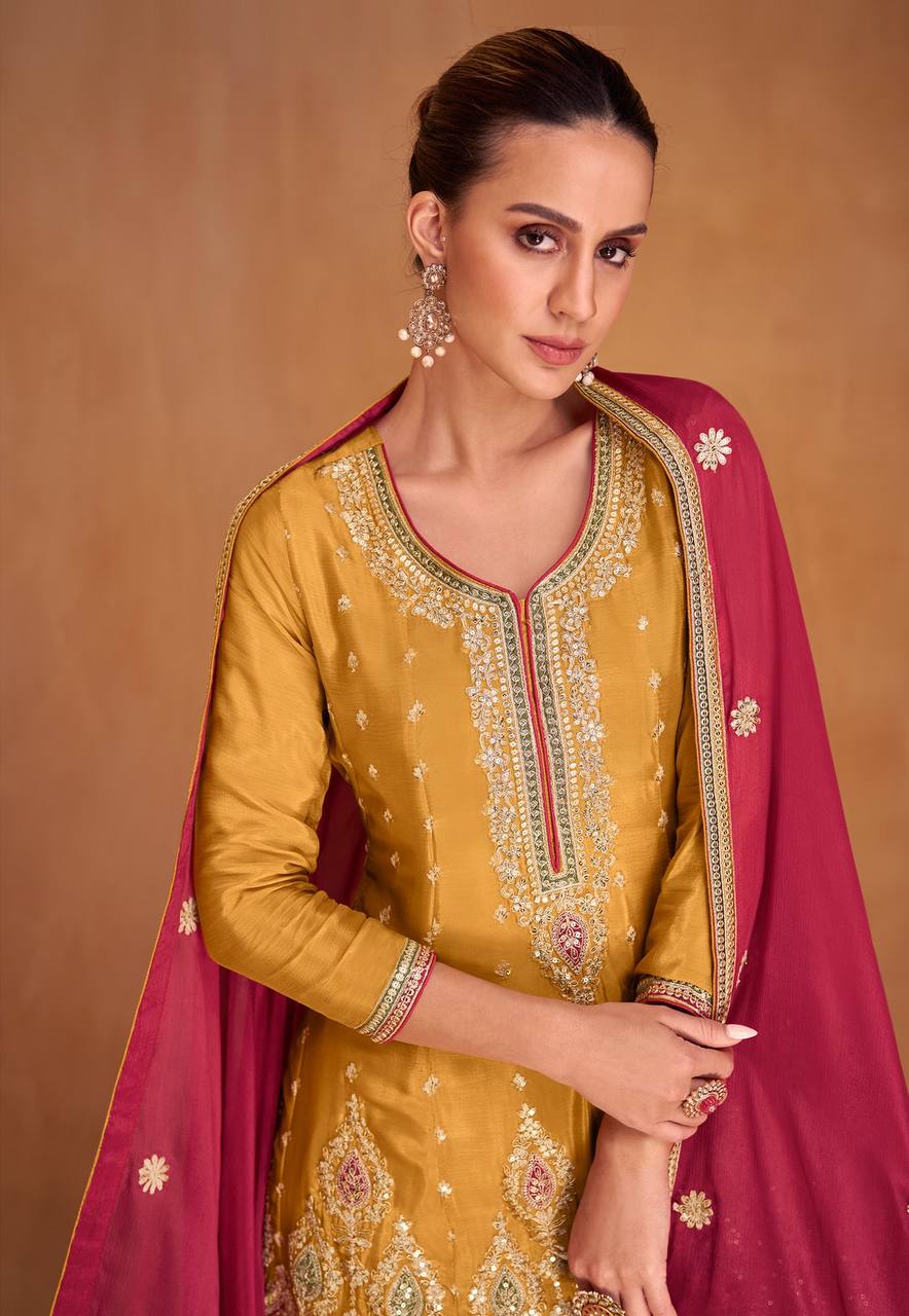 Mustard Yellow Elegant Embroidered Chinon Suit Set with Dupatta ClothsVilla