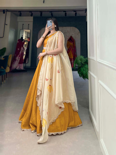 Mustard Yellow Lehenga Choli Set with Organza Dupatta ClothsVilla