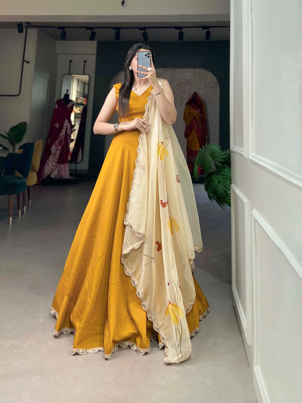 Mustard Yellow Lehenga Choli Set with Organza Dupatta ClothsVilla