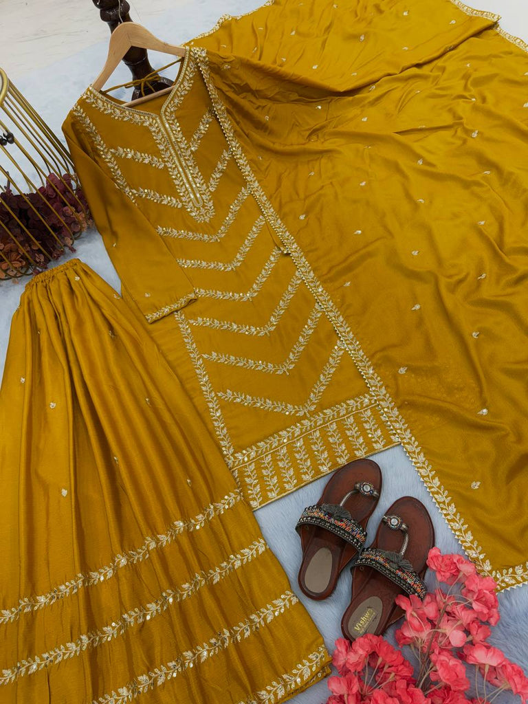 Mustard Yellow Premium Designer Readymade Top, Plazzo & Dupatta Set – Party Wear Collection Clothsvilla