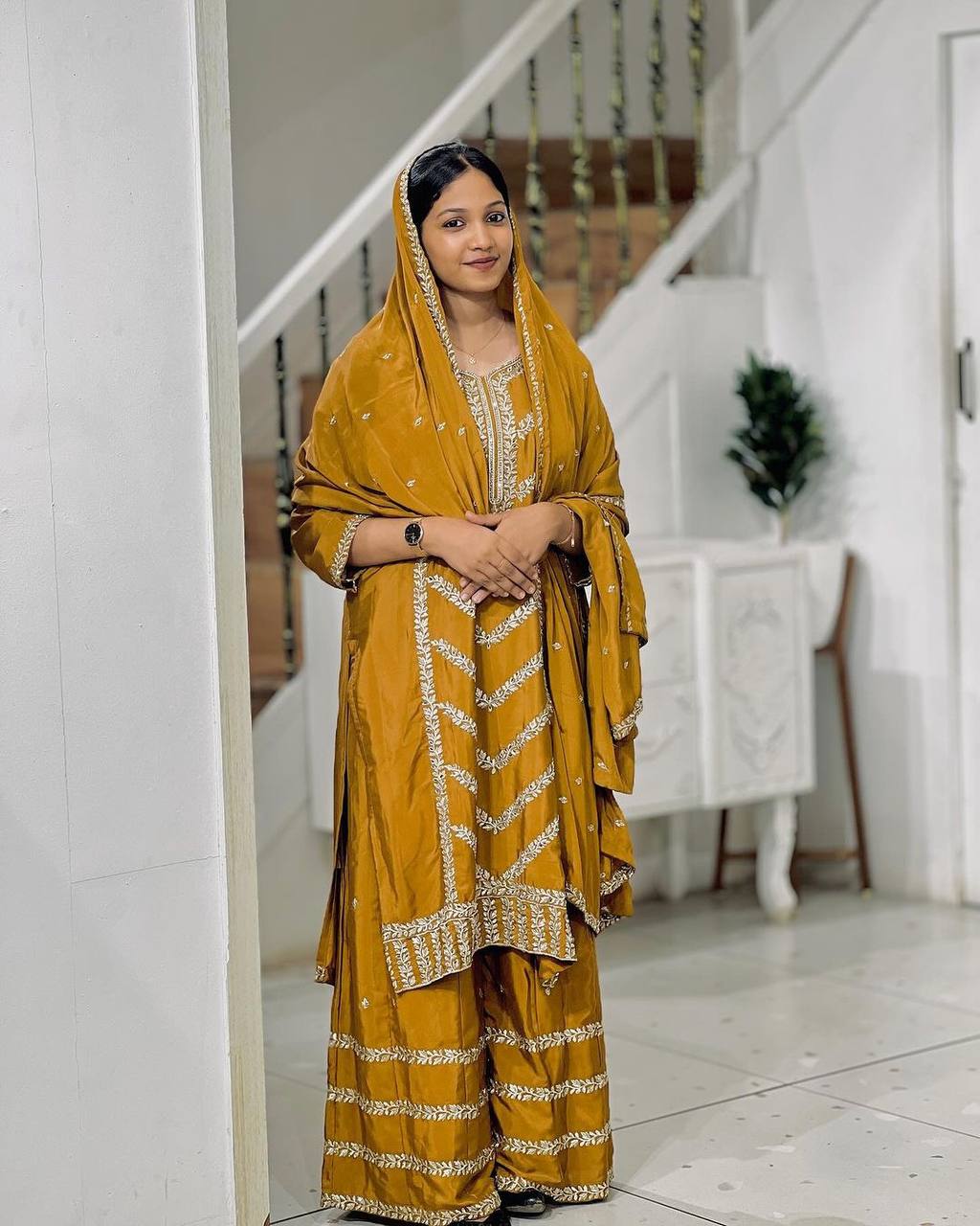 Mustard Yellow Premium Designer Readymade Top, Plazzo & Dupatta Set – Party Wear Collection Clothsvilla Main image