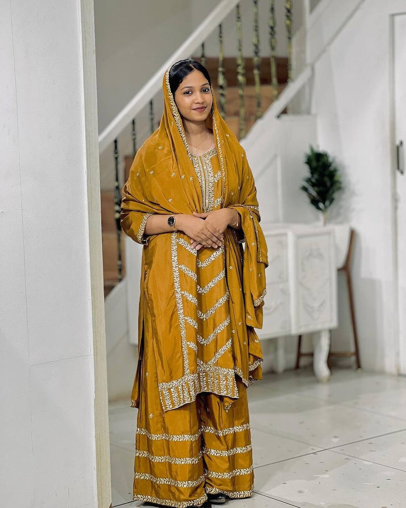 Mustard Yellow Premium Designer Readymade Top, Plazzo & Dupatta Set – Party Wear Collection Clothsvilla