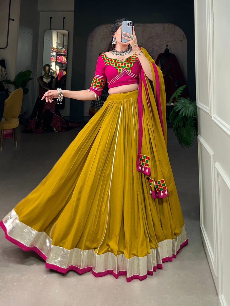 Mustard Yellow Pure Rayon Lehenga Choli with Intricate Gamthi Work ClothsVilla