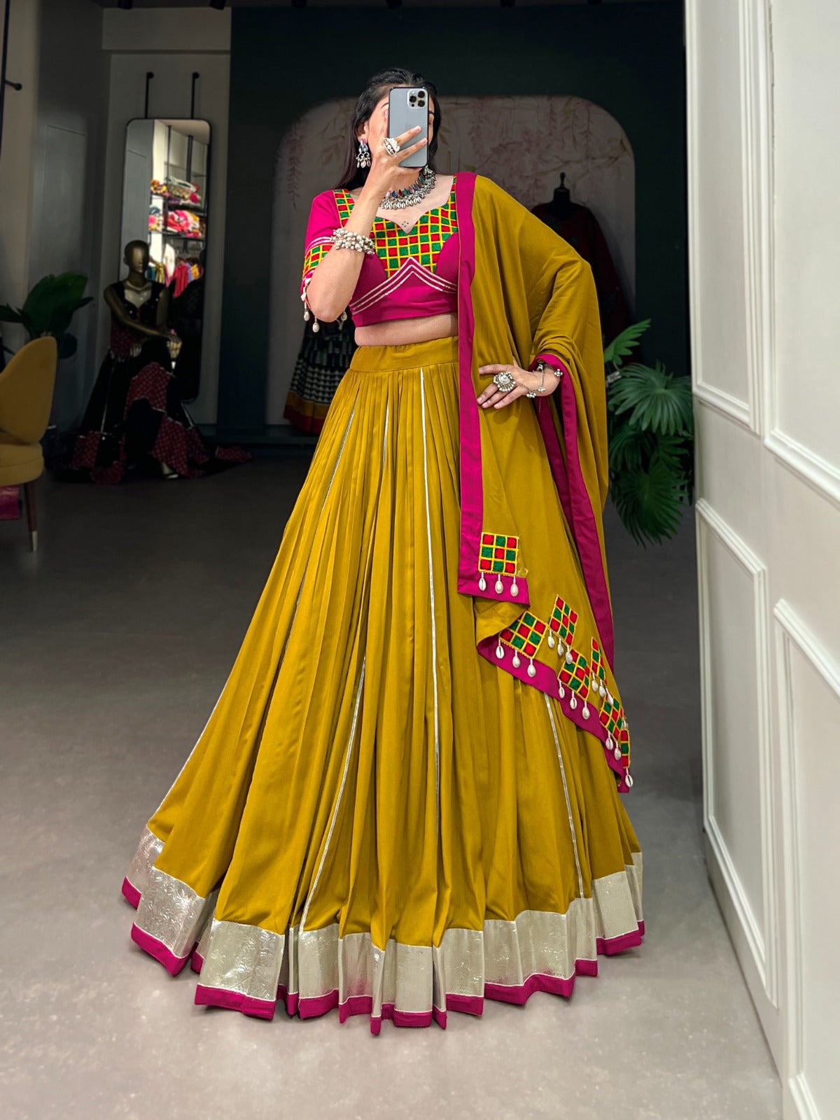 Mustard Yellow Pure Rayon Lehenga Choli with Intricate Gamthi Work ClothsVilla