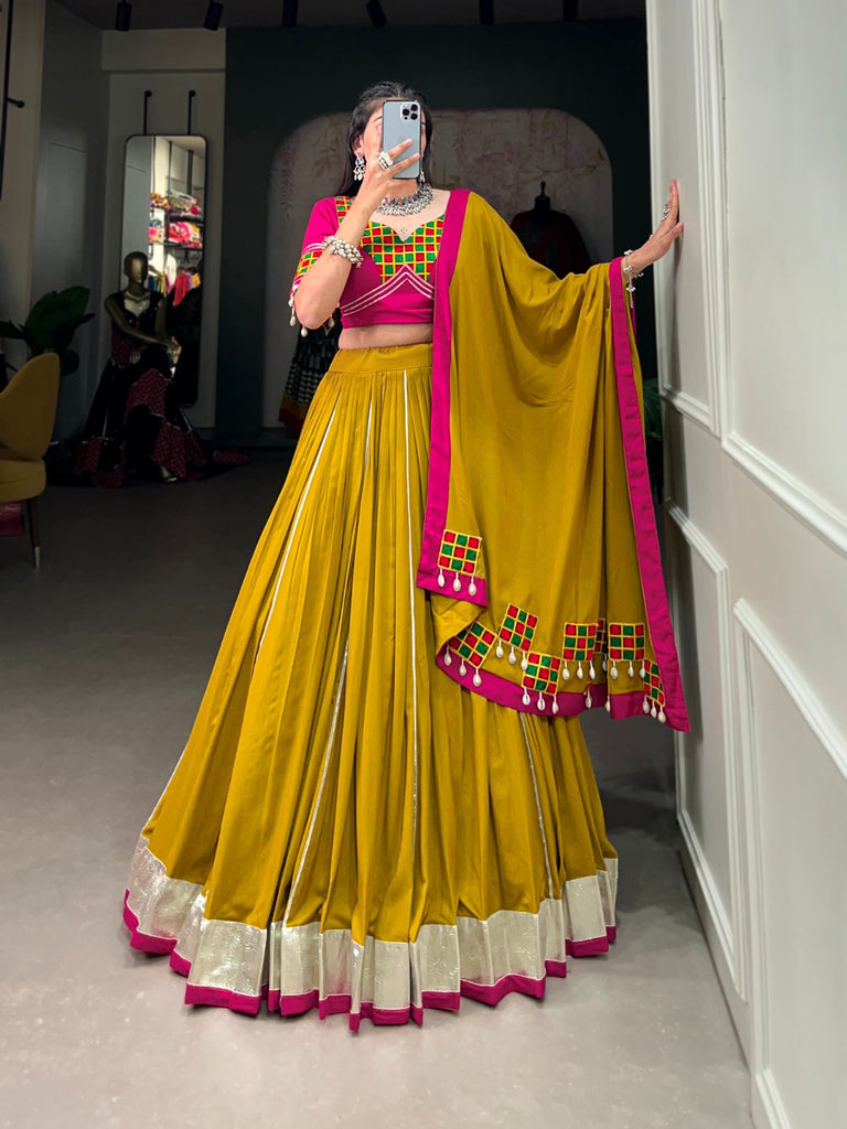 Mustard Yellow Pure Rayon Lehenga Choli with Intricate Gamthi Work ClothsVilla