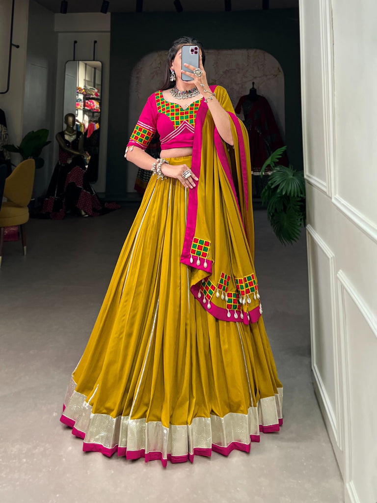 Mustard Yellow Pure Rayon Lehenga Choli with Intricate Gamthi Work ClothsVilla