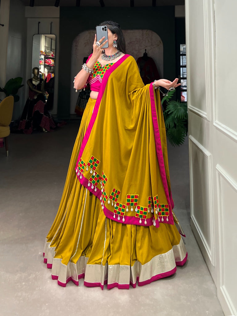 Mustard Yellow Pure Rayon Lehenga Choli with Intricate Gamthi Work ClothsVilla