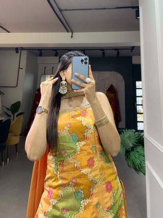 Mustard Yellow Viscose Jacquard Kurta Palazzo Set with Printed Dupatta ClothsVilla