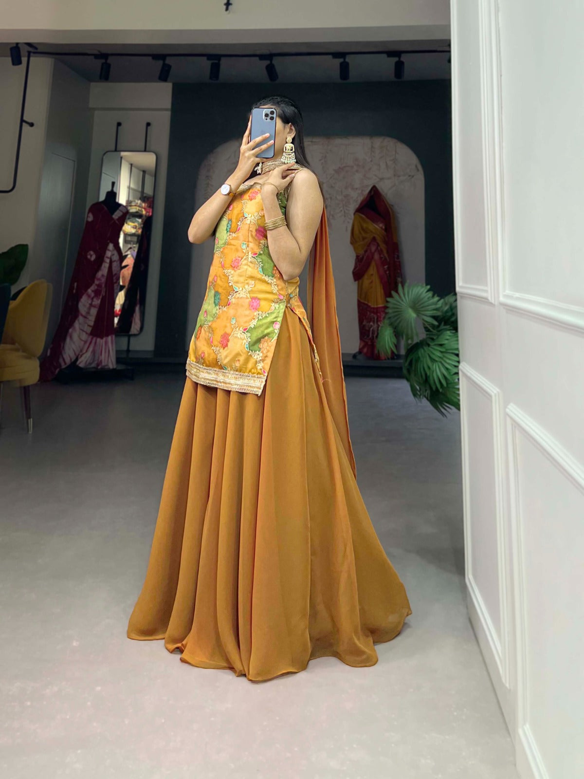 Mustard Yellow Viscose Jacquard Kurta Palazzo Set with Printed Dupatta ClothsVilla