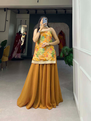 Mustard Yellow Viscose Jacquard Kurta Palazzo Set with Printed Dupatta ClothsVilla