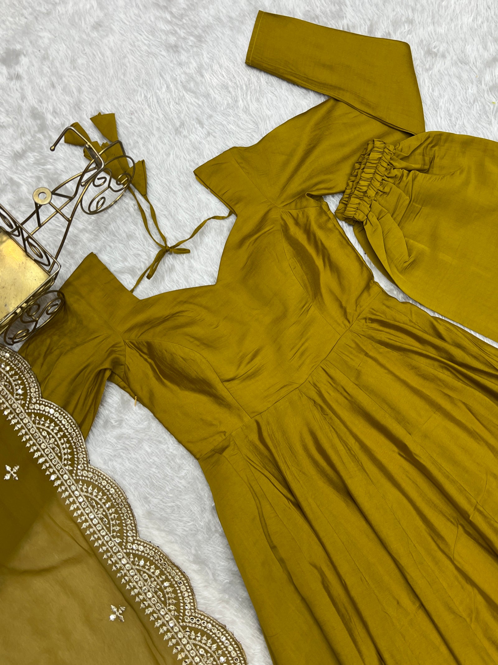 Musturd Premium Quality Pure Romansilk Chanderi Anarkali Gown with Dupatta & Pant Set - Ready to Wear