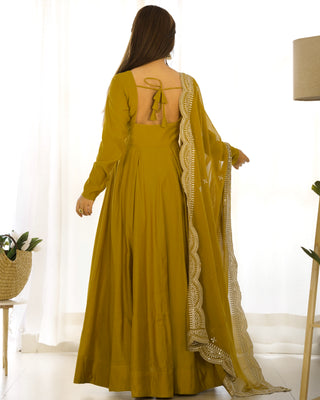 Musturd Premium Quality Pure Romansilk Chanderi Anarkali Gown with Dupatta & Pant Set - Ready to Wear