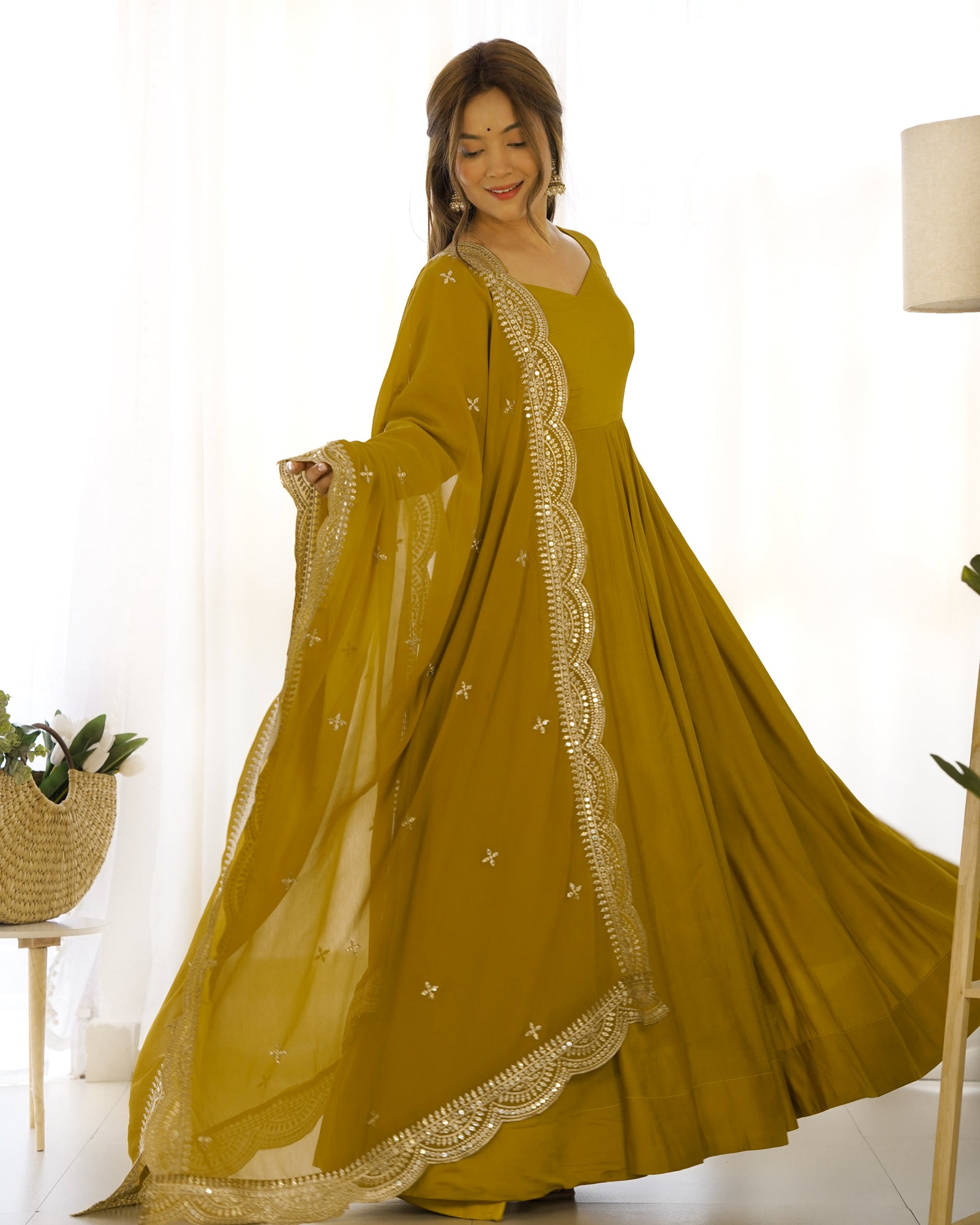 Musturd Premium Quality Pure Romansilk Chanderi Anarkali Gown with Dupatta & Pant Set - Ready to Wear