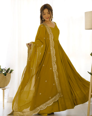 Musturd Premium Quality Pure Romansilk Chanderi Anarkali Gown with Dupatta & Pant Set - Ready to Wear