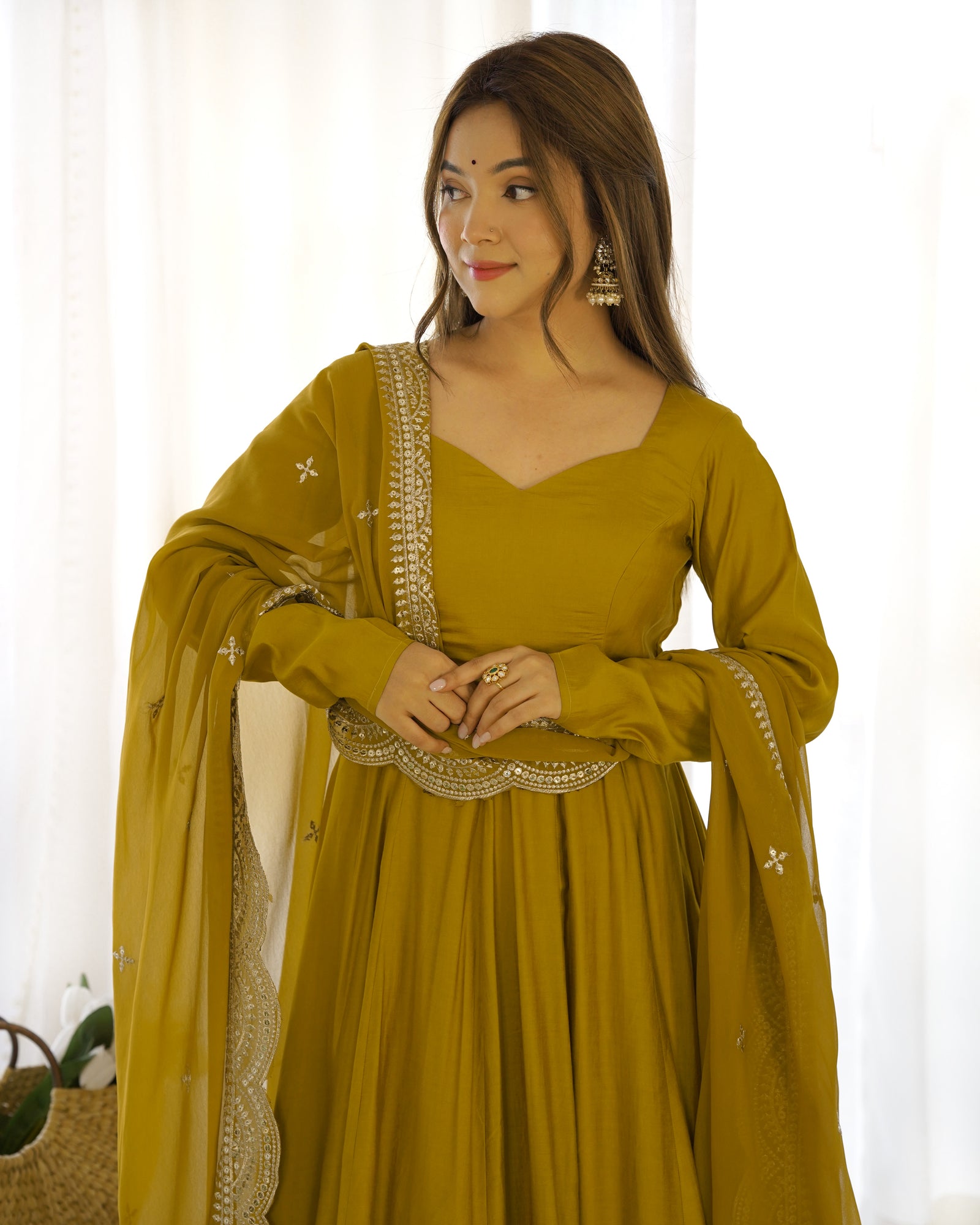 Musturd Premium Quality Pure Romansilk Chanderi Anarkali Gown with Dupatta & Pant Set - Ready to Wear