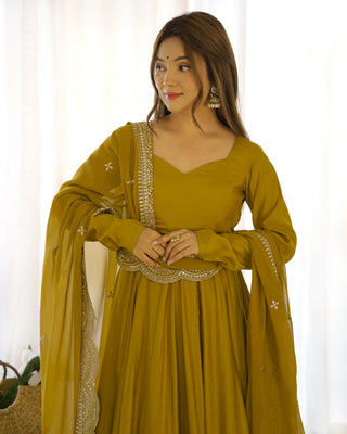 Musturd Premium Quality Pure Romansilk Chanderi Anarkali Gown with Dupatta & Pant Set - Ready to Wear