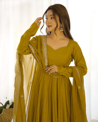 Musturd Premium Quality Pure Romansilk Chanderi Anarkali Gown with Dupatta & Pant Set - Ready to Wear