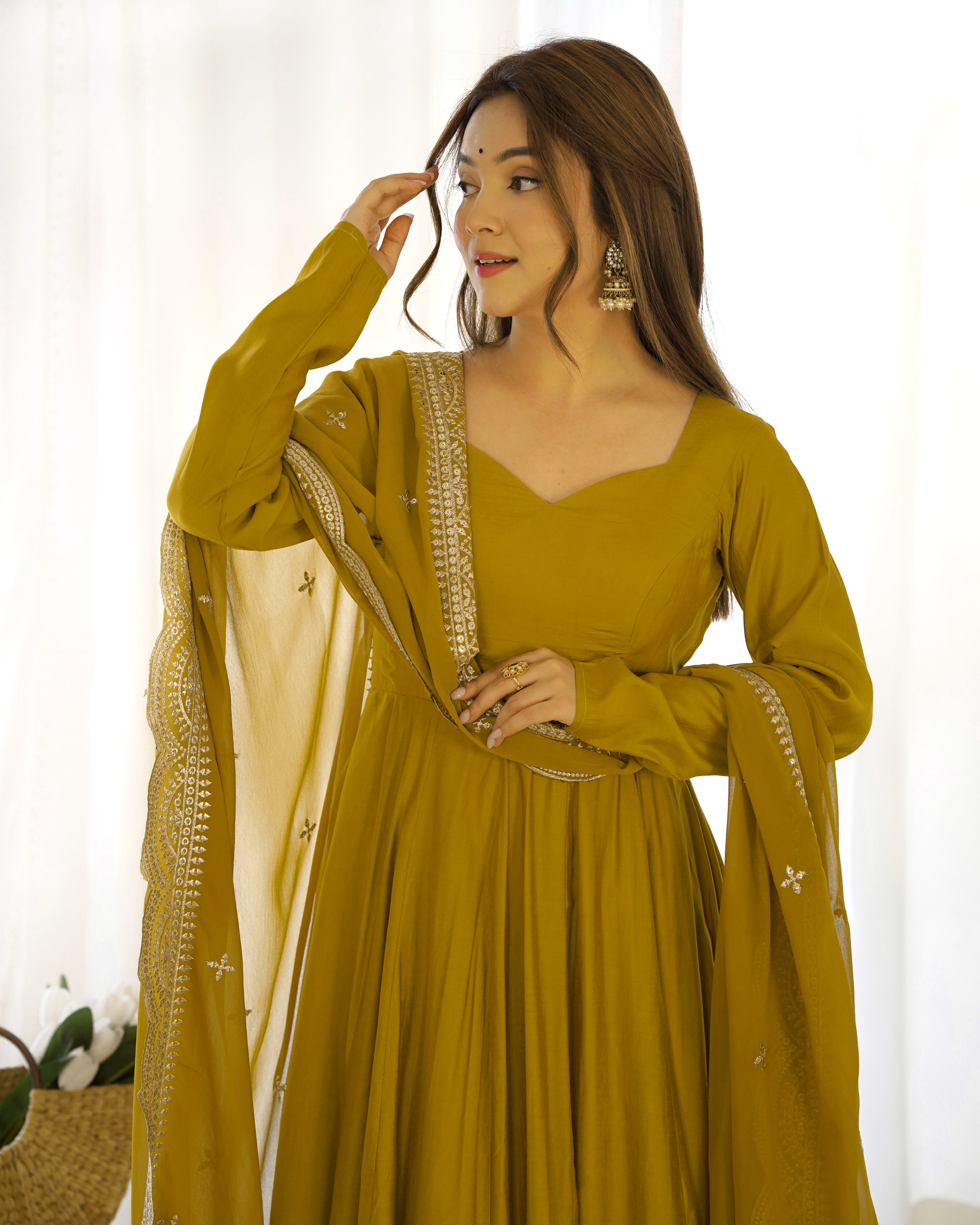 Musturd Premium Quality Pure Romansilk Chanderi Anarkali Gown with Dupatta & Pant Set - Ready to Wear