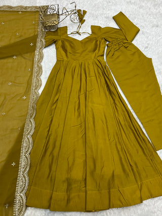 Musturd Premium Quality Pure Romansilk Chanderi Anarkali Gown with Dupatta & Pant Set - Ready to Wear